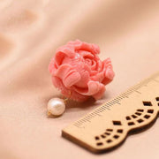 Regular Red Sterling Silver Pearl Floral Stud Earrings