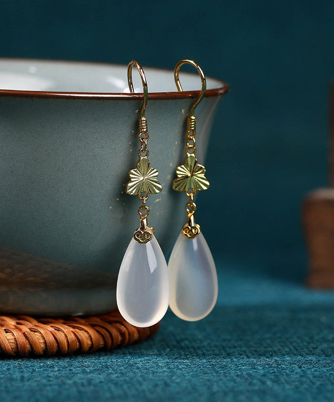 Regular White Ancient Gold Chalcedony Water Drop Drop Earrings