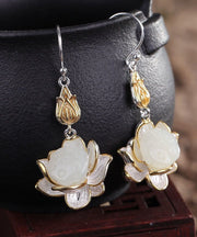 Regular White Sterling Silver Jade Lotus Drop Earrings