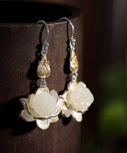 Regular White Sterling Silver Jade Lotus Drop Earrings