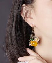 Regular Yellow Copper Pearl Coloured Glaze Oil Drip Floral Drop Earrings