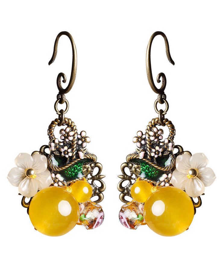 Regular Yellow Copper Pearl Coloured Glaze Oil Drip Floral Drop Earrings