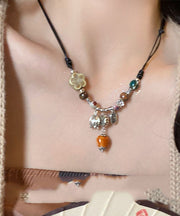 Retro Alloy Ceramic Beaded Persimmon Ruyi Pendant Necklace