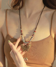 Retro Alloy Ceramic Beads Butterfly Small Bell Tassel Lariat Necklace