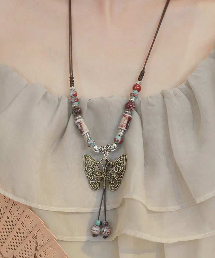 Retro Alloy Ceramic Beads Butterfly Small Bell Tassel Lariat Necklace