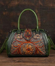 Retro Apricot Colored Cowhide Handmade Carved Handbag