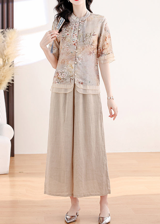 Retro Apricot Stand Collar Tasseled Print Linen Two Pieces Set Summer