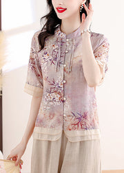 Retro Apricot Stand Collar Tasseled Print Linen Two Pieces Set Summer