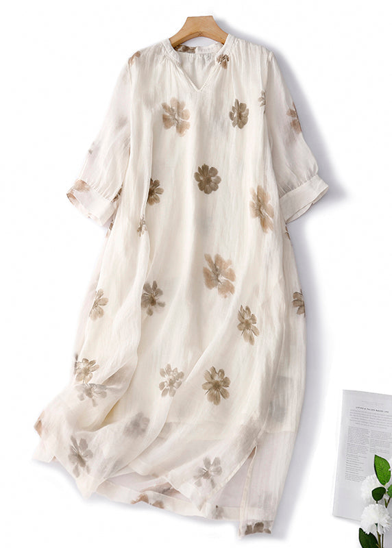 Retro Apricot V Neck Print Linen Long Dresses Summer