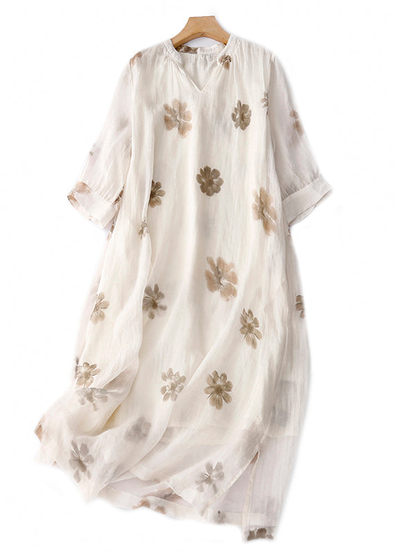 Retro Apricot V Neck Print Linen Long Dresses Summer