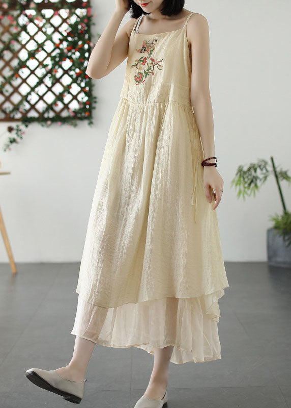 Retro Beige Embroideried Wrinkled Patchwork Long Linen Sundress Summer