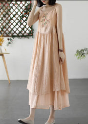 Retro Beige Embroideried Wrinkled Patchwork Long Linen Sundress Summer