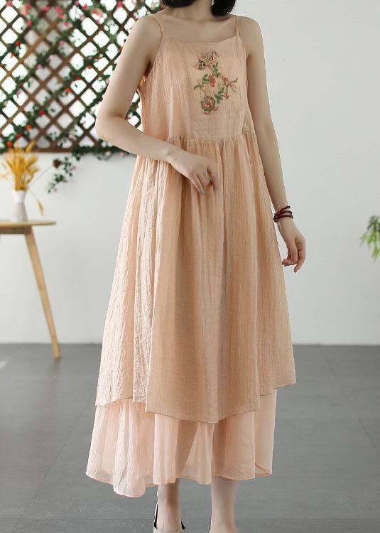 Retro Beige Embroideried Wrinkled Patchwork Long Linen Sundress Summer