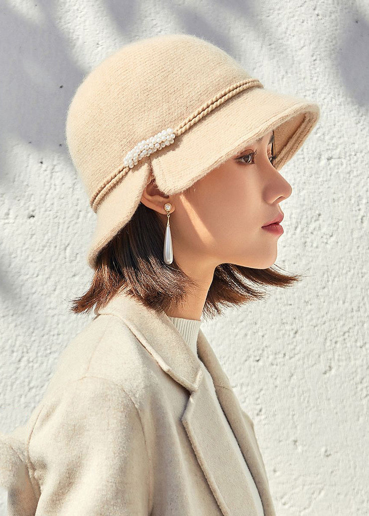 Retro Beige Nail Bead Side Open Woolen Bucket Hat