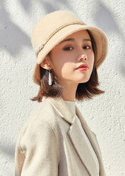 Retro Beige Nail Bead Side Open Woolen Bucket Hat