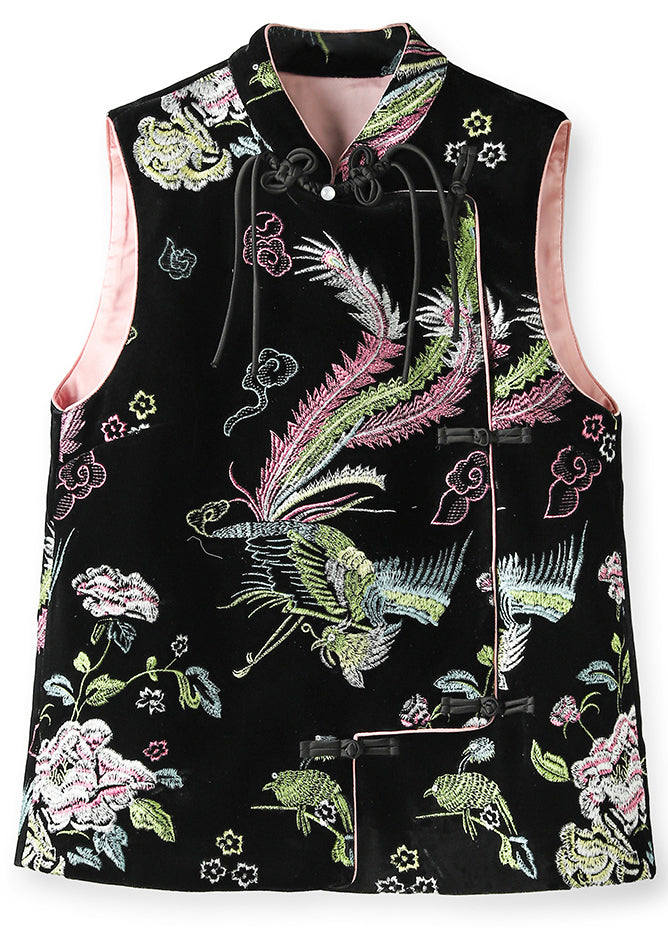 Retro Black Chinese Button Embroidered Silk Velour Waistcoat Sleeveless