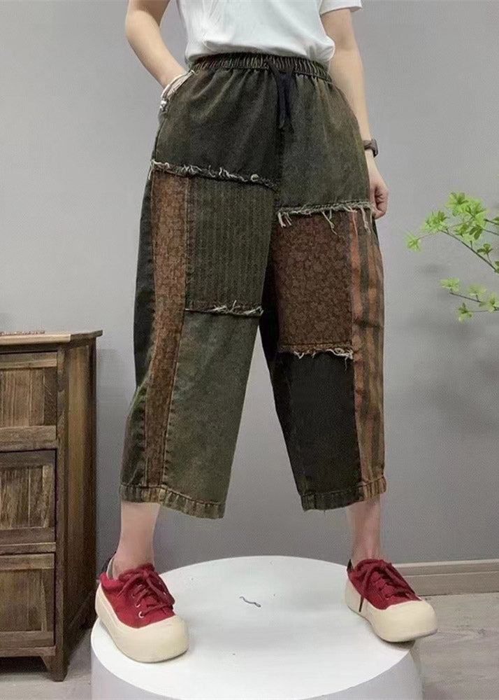 Retro Black Elastic Waist Patchwork Cozy Denim Straight Pants Summer