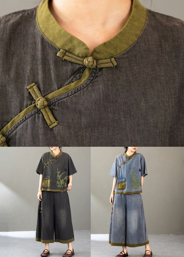 Retro Black Embroidered Pockets DenimTwo Piece Set Short Sleeve