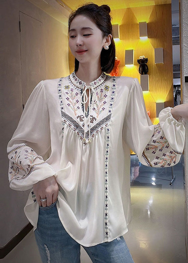 Retro Black Embroideried Lace Up Silk Blouse Tops Long Sleeve