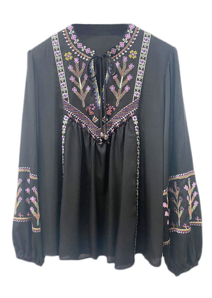 Retro Black Embroideried Lace Up Silk Blouse Tops Long Sleeve