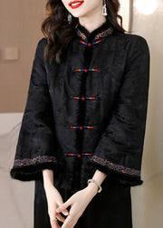 Retro Black Fur Collar Embroidered Button Silk Coats Long Sleeve