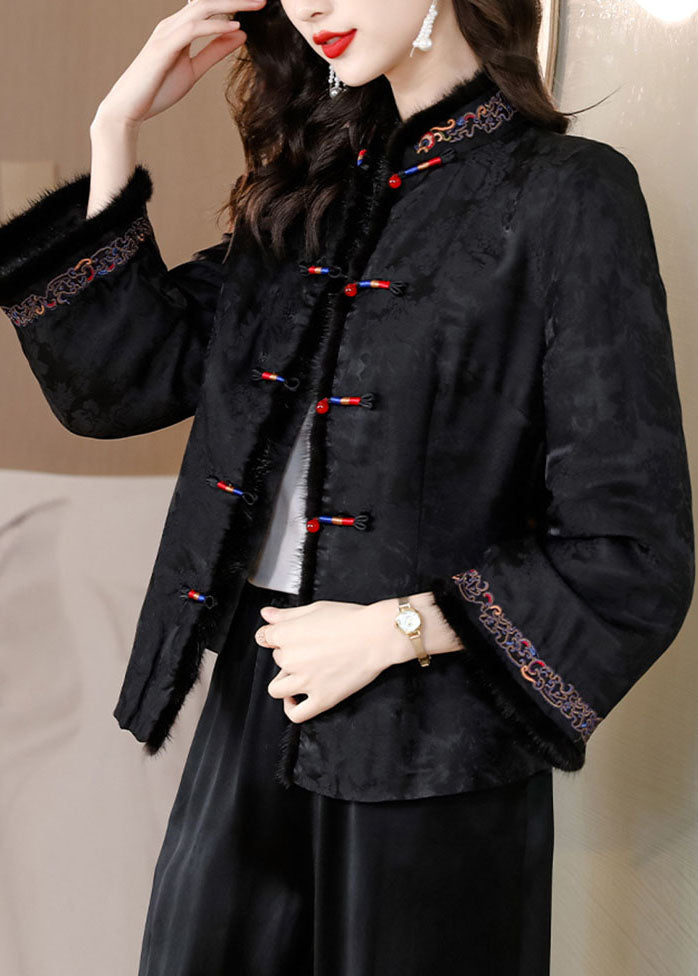 Retro Black Fur Collar Embroidered Button Silk Coats Long Sleeve