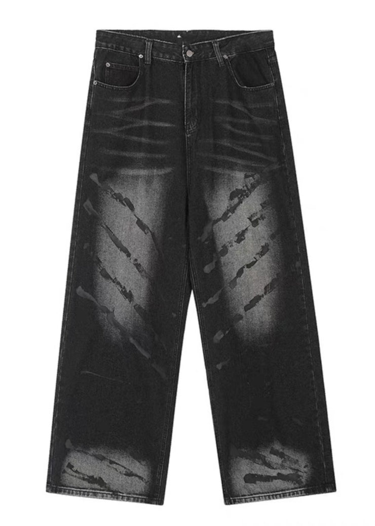 Retro Black High Wais Men Denim Wide Leg Pants