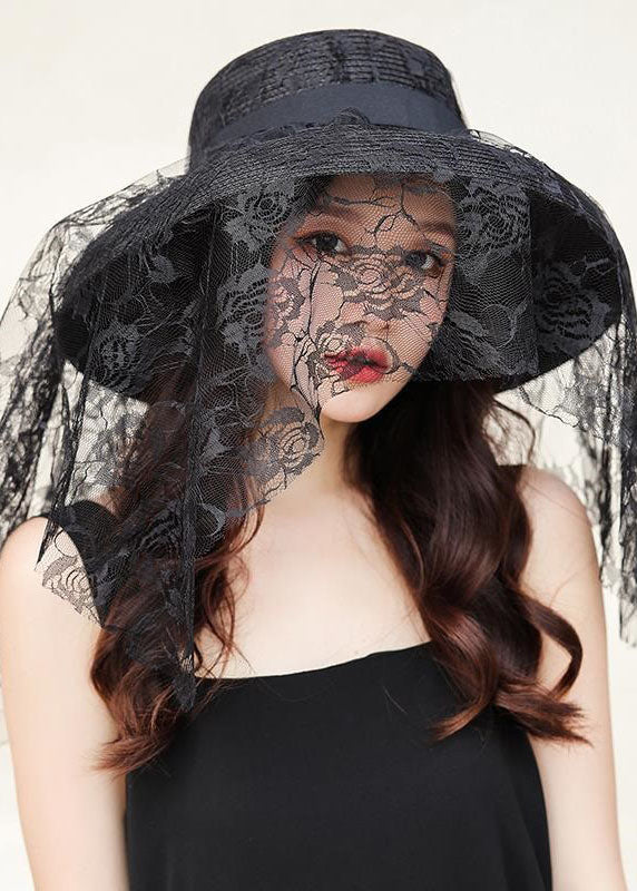 Retro Black Lace Patchwork Straw Woven Floppy Sun Hat