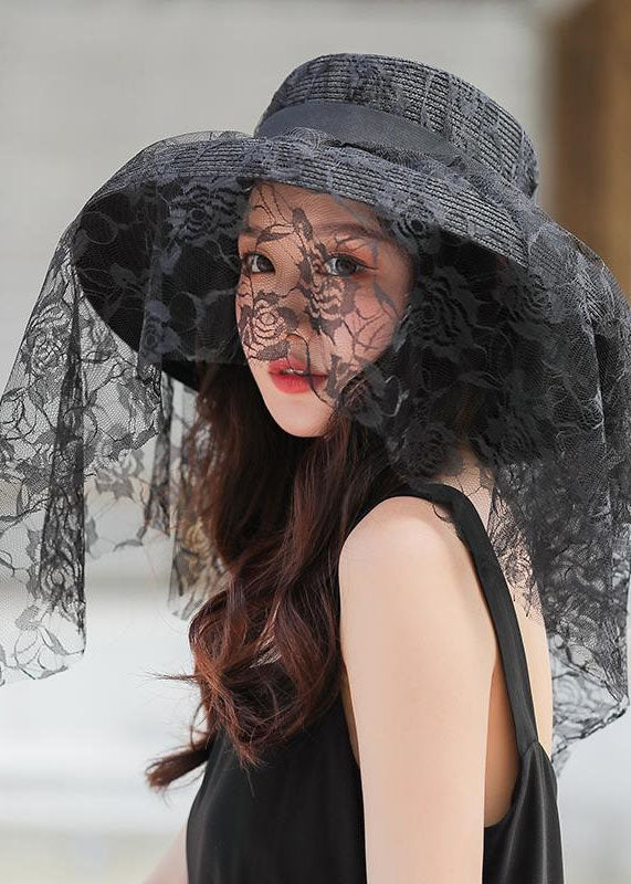 Retro Black Lace Patchwork Straw Woven Floppy Sun Hat