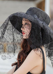 Retro Black Lace Patchwork Straw Woven Floppy Sun Hat