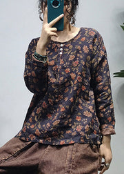 Retro Black O-Neck Print Linen Shirt Tops Long Sleeve