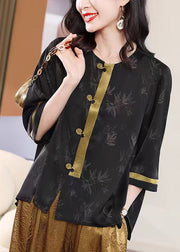 Retro Black O Neck Print Loose Silk Shirt Top Fall