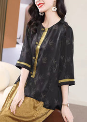 Retro Black O Neck Print Loose Silk Shirt Top Fall