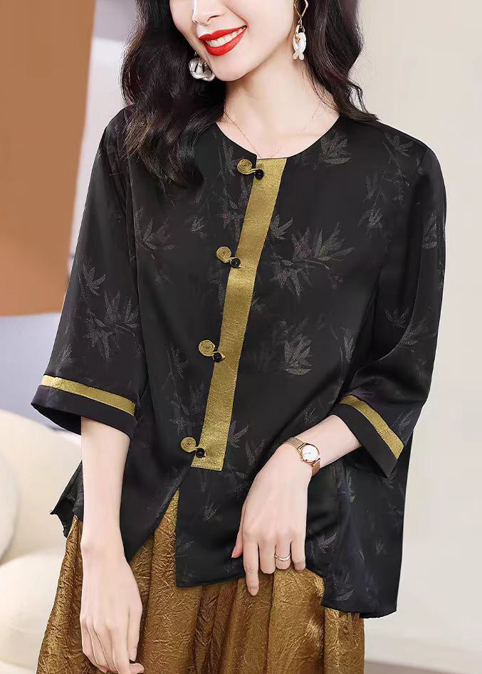 Retro Black O Neck Print Loose Silk Shirt Top Fall