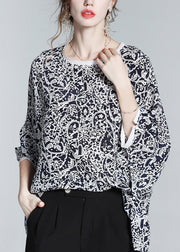 Retro Black O-Neck Print Silk Shirts Long Sleeve