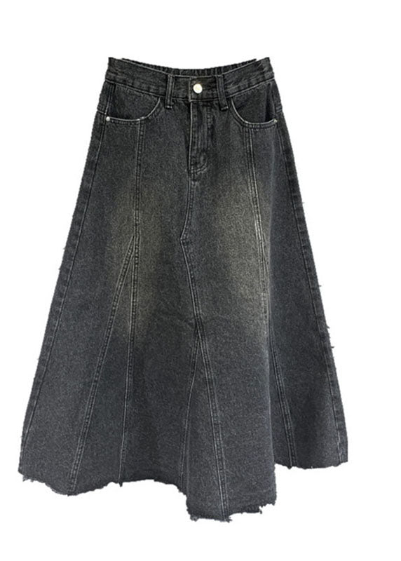 Retro Black Pockets Patchwork Button Denim Maxi Skirt