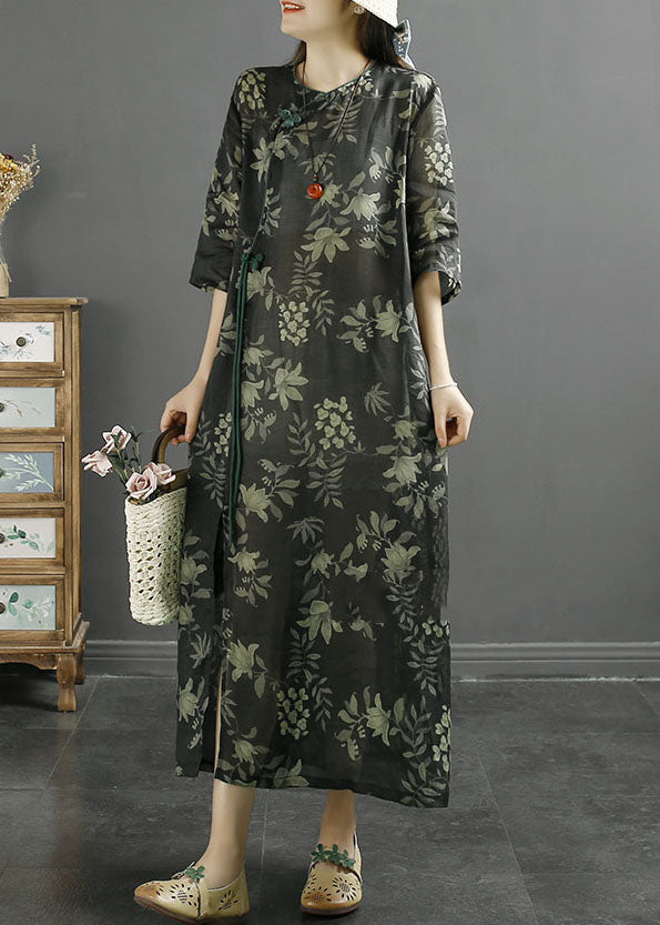 Retro Black Print Chinese Button Patchwork Linen Dresses Summer