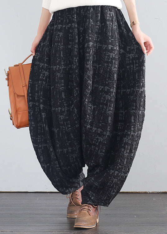 Retro Black Print Elastic Waist Thick Wide Leg Pants Fall