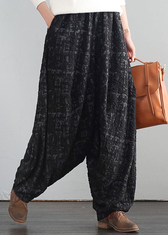 Retro Black Print Elastic Waist Thick Wide Leg Pants Fall