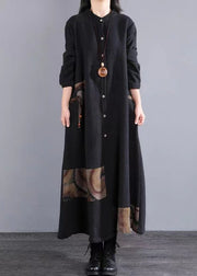 Retro Black Stand Collar Button Patchwork Cotton Long Dresses Fall