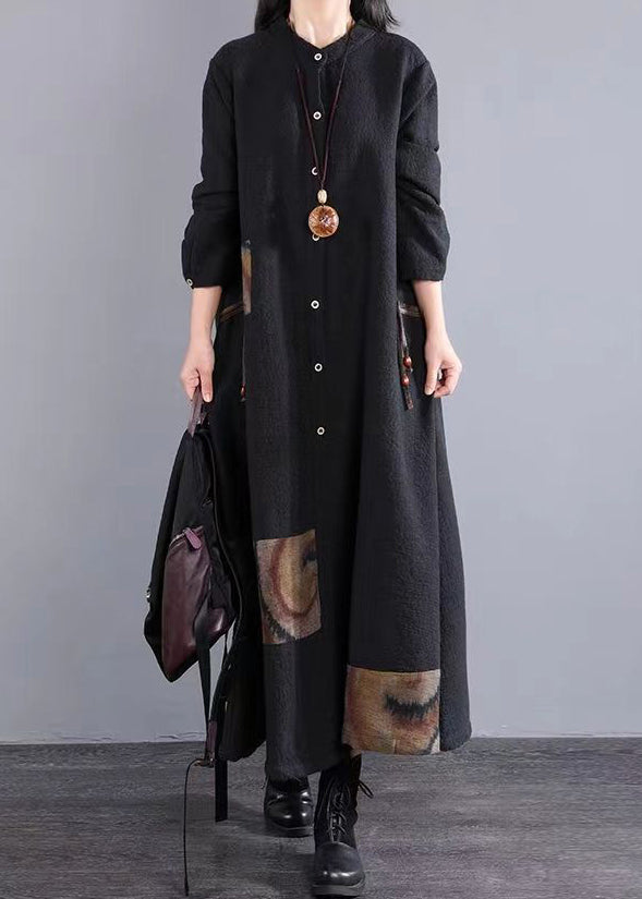 Retro Black Stand Collar Button Patchwork Cotton Long Dresses Fall