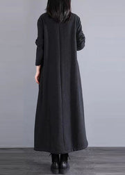 Retro Black Stand Collar Button Patchwork Cotton Long Dresses Fall