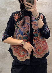 Retro Black Stand Collar Embroideried Floral Button Waistcoat Fall