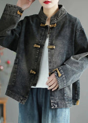 Retro Black Stand Collar Patchwork Denim Coat Spring