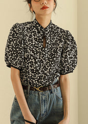 Retro Black Stand Collar Print Button Cotton Shirts Short Sleeve