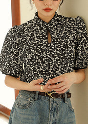 Retro Black Stand Collar Print Button Cotton Shirts Short Sleeve