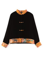 Retro Black Stand Collar Print Patchwork Button Velour Coats Long Sleeve