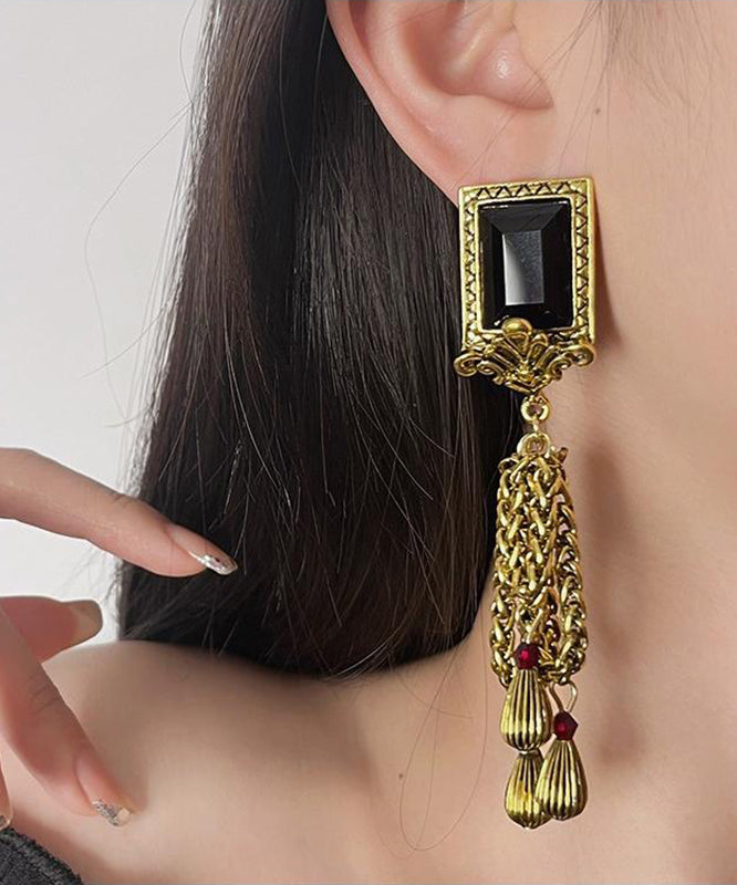 Retro Black Sterling Silver Overgild Gem Stone Chain Linked Tassel Drop Earrings