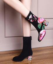 Retro Black Suede Chunky Boho Embroidery Boots