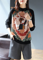 Retro Black Turtleneck Print Patchwork Knit Sweatshirts Long Sleeve